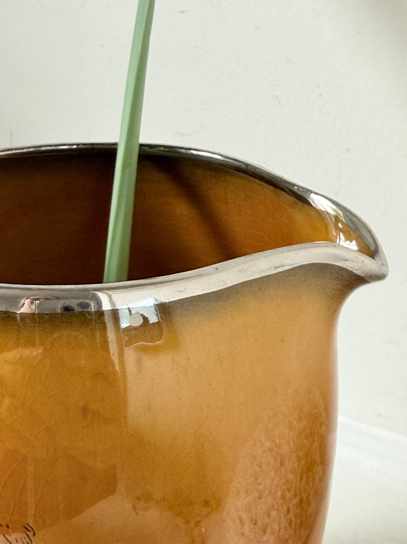 Antique Ridgways stoneware jug photographed on a white surface in amber treacle glaze with black Coaching Days and Coaching Ways transfer scenes and silver tone handle