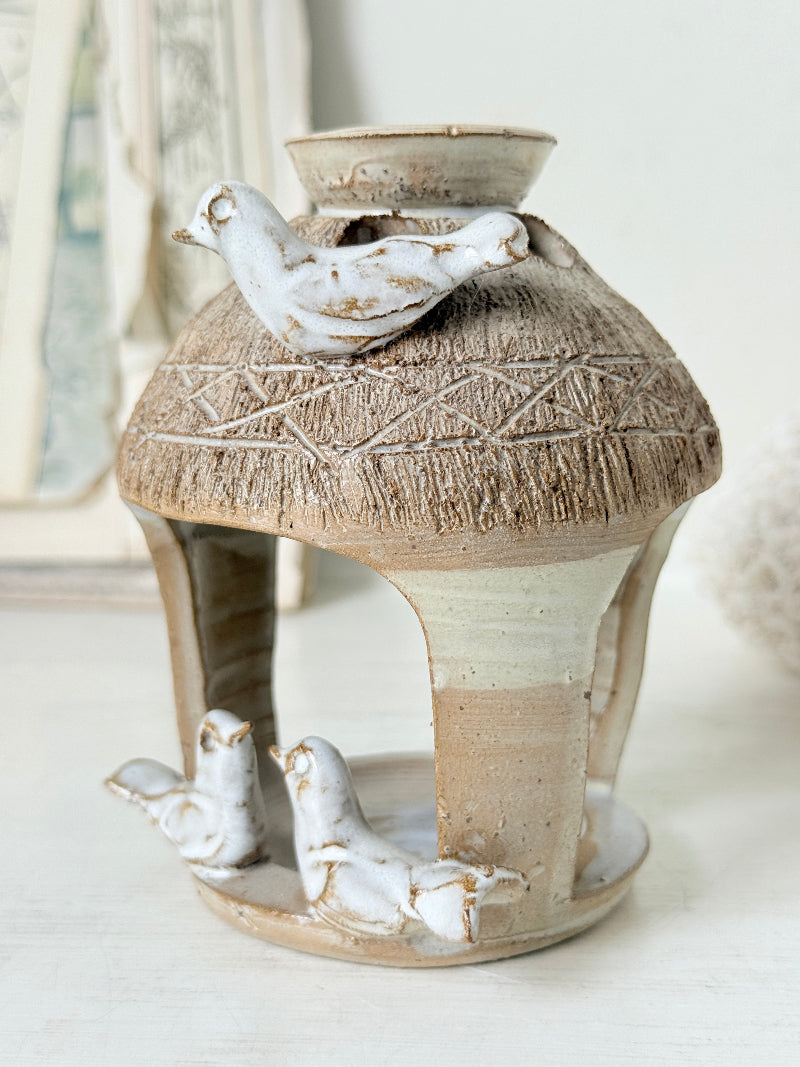 Studio pottery decorative bird house with handmade ceramic birds, textured roof and natural earthy glaze
