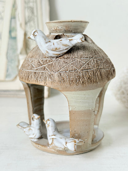 Studio pottery decorative bird house with handmade ceramic birds, textured roof and natural earthy glaze