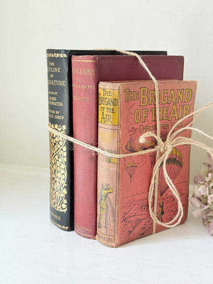 Vintage decorative book bundle in red and black with gilt detailing tied with twine, photographed on a white surface