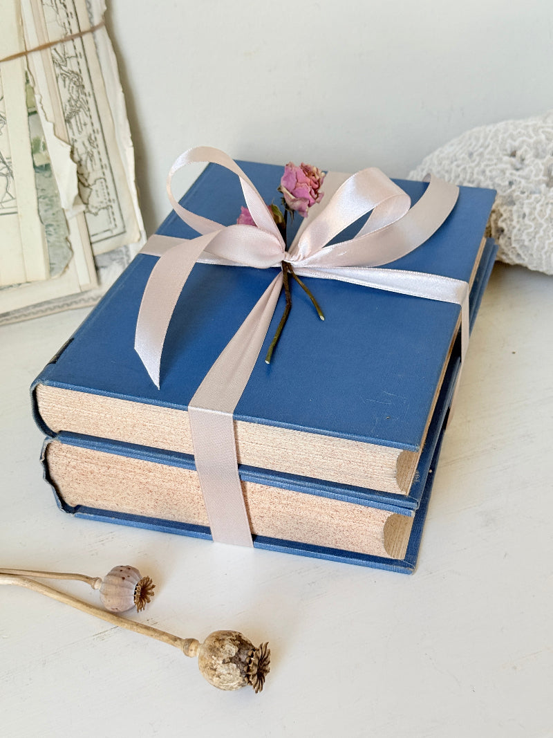 Vintage decorative blue book bundle with pale pink ribbon, dried rose detail and aged hardback covers for shelf styling