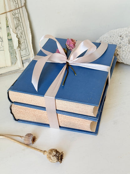 Vintage decorative blue book bundle with pale pink ribbon, dried rose detail and aged hardback covers for shelf styling