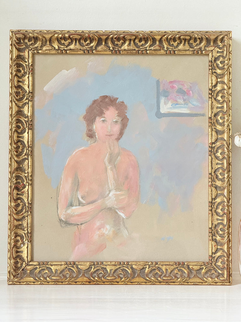 Mid-century oil portrait of woman by Alfred Heywood in gilt frame, photographed on white background