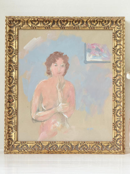Mid-century oil portrait of woman by Alfred Heywood in gilt frame, photographed on white background