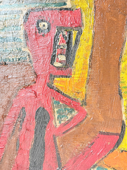 A close-up of an expressive, textured painting depicting a stylized figure in red and pink tones with a yellow background and brown side elements.