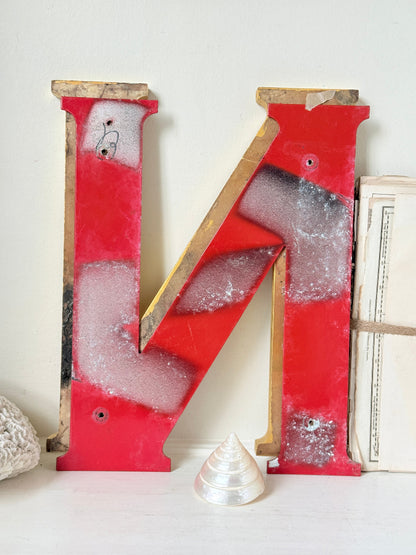 Vintage Shop Sign Letter N in Gold and Red with Serif Detail