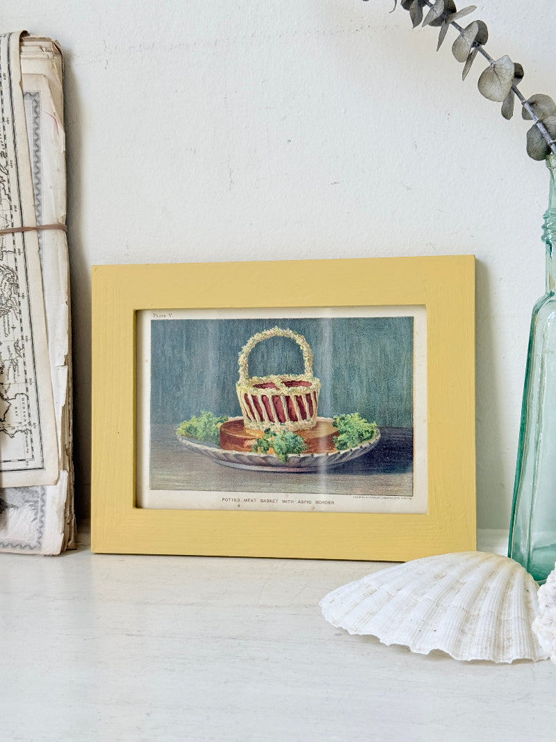 Framed antique Victorian cookery illustration from Cassell’s New Universal Cookery Book showing Potted Meat Basket with Aspic Border