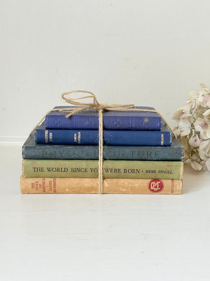 Vintage decorative book bundle in blue and green tied with twine, photographed on a white surface