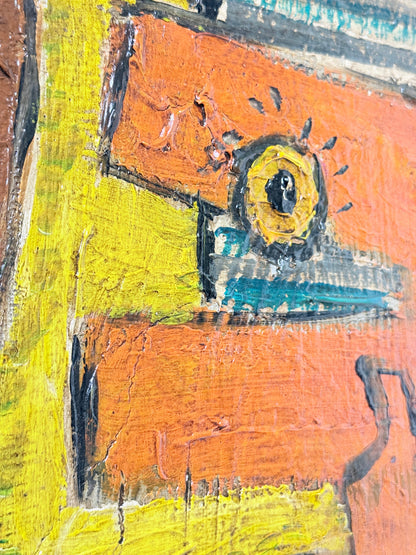 Close-up of an expressive mixed-media painting featuring a stylized bird head with a bright orange beak, yellow body, black outlines, and blue accents.