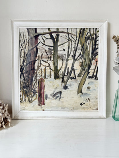 1970s Winter Woodland Oil Painting in White Frame, Signed RL 79