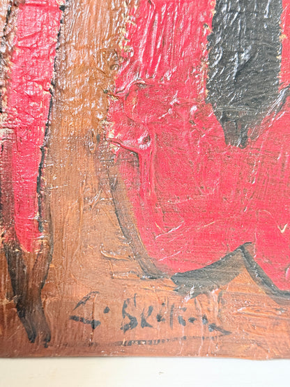 A close-up of an expressive, textured painting featuring bold red, brown, black, and beige brushstrokes, with a visible artist signature near the bottom.