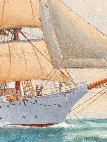 Watercolor painting of a sailing ship with beige sails, a light blue hull, and turquoise ocean water, with small figures visible on deck.