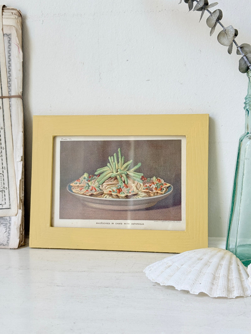 Framed antique Victorian cookery illustration from Cassell’s New Universal Cookery Book showing Macédoines with asparagus