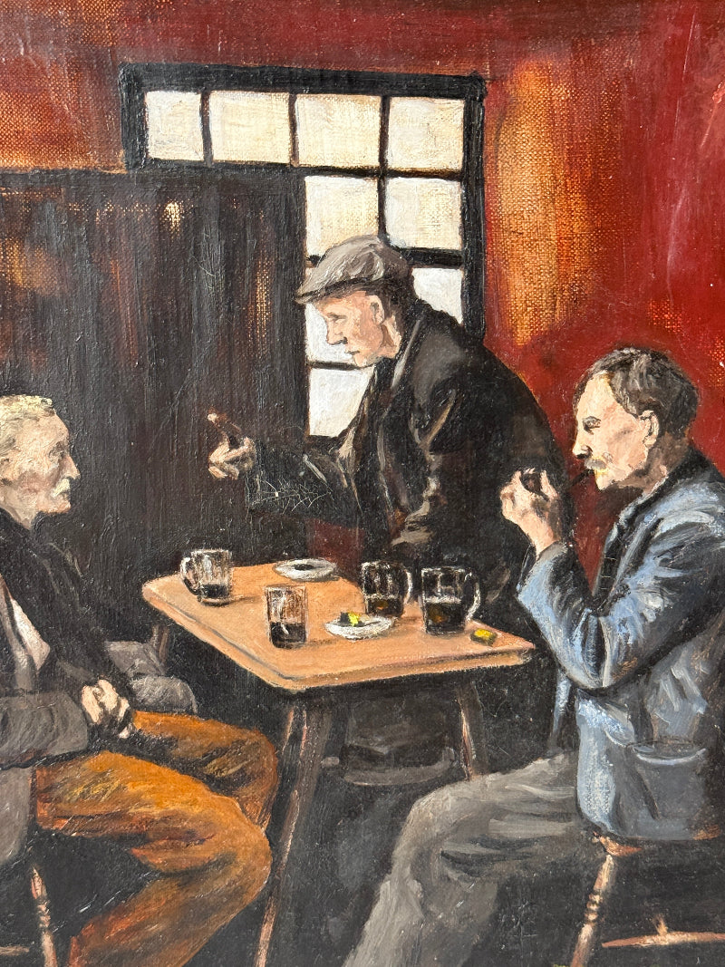 An oil painting depicting three men gathered around a small table in a dimly lit pub or cafe, with one man holding a glass and another smoking a pipe. The scene features a warm red and orange wall background, dark wood furniture, and figures rendered in a textured, impressionistic style.