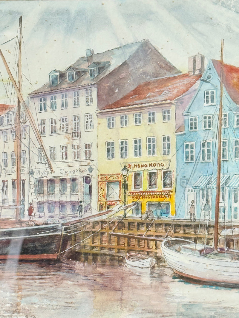 Vintage watercolour harbour scene with Hong Kong restaurant and boats in silver frame