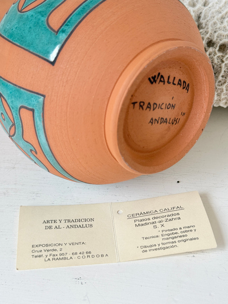 Spanish folk pottery twin handled jug vase in terracotta with turquoise glaze and Andalusian style decoration