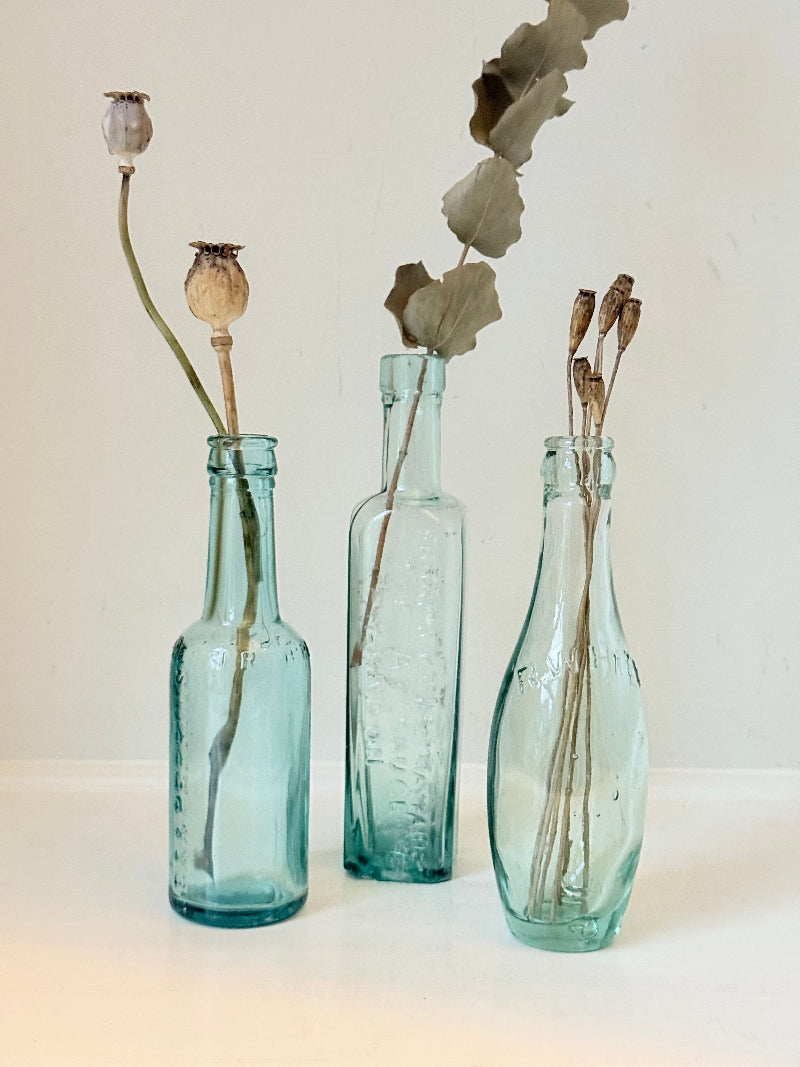 Trio of antique aqua glass bottles with embossed lettering, photographed on a white surface with dried stems