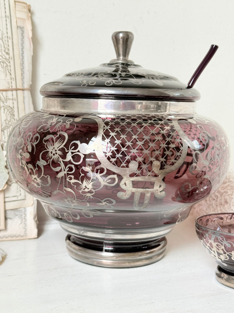 Vintage amethyst glass punch set with silver overlay decoration, lidded bowl, ladle and 6 matching cups