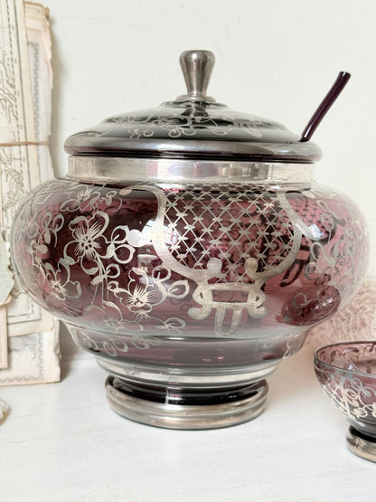 Vintage amethyst glass punch set with silver overlay decoration, lidded bowl, ladle and 6 matching cups