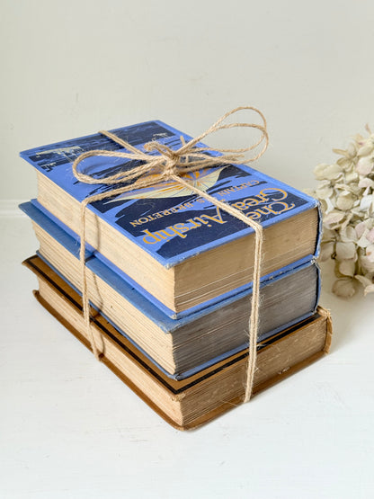 Vintage book bundle in blue, brown, and cream with printed lettering, tied with twine, photographed on a white surface