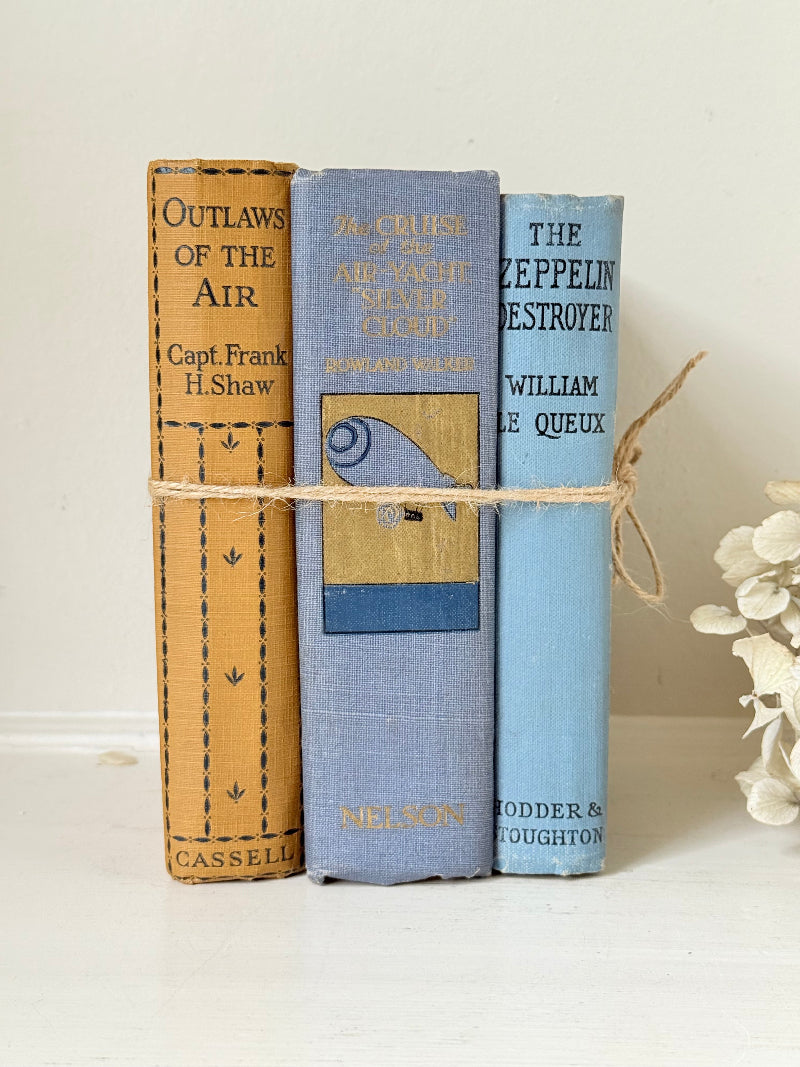 Vintage decorative book bundle in blue and ochre tied with twine, photographed on a white surface