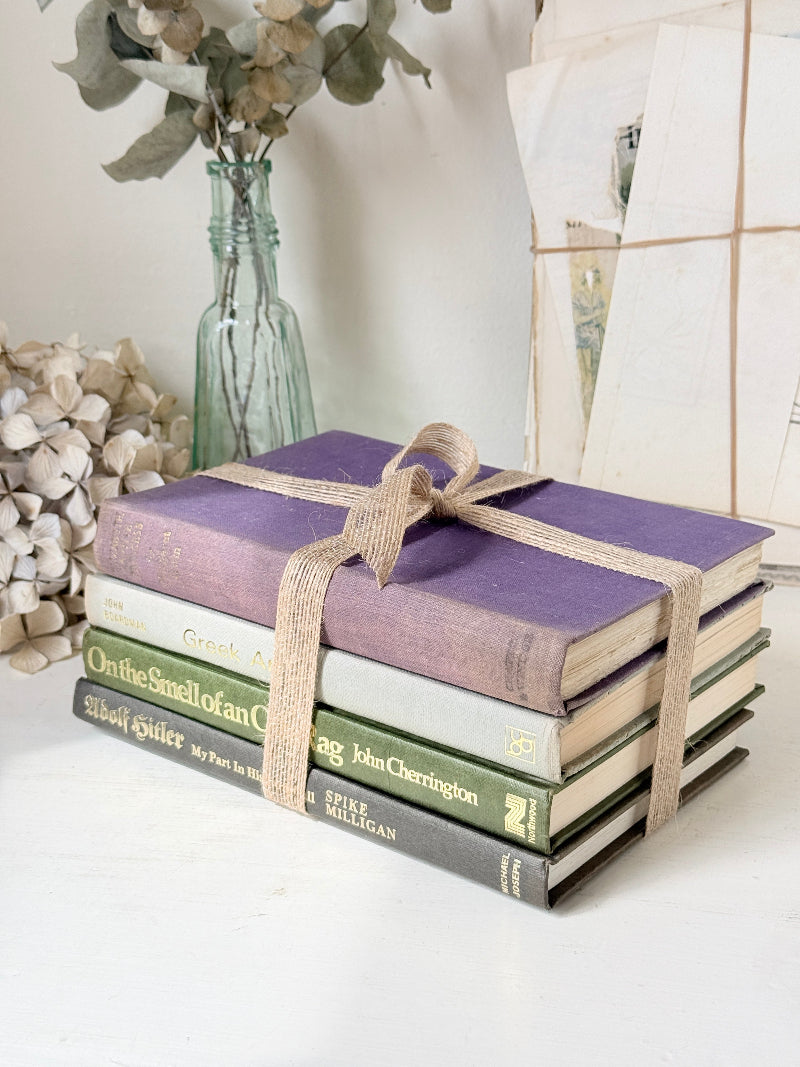 Bundle of vintage books with a heather purple cloth cover over green and cream spines tied with natural twine