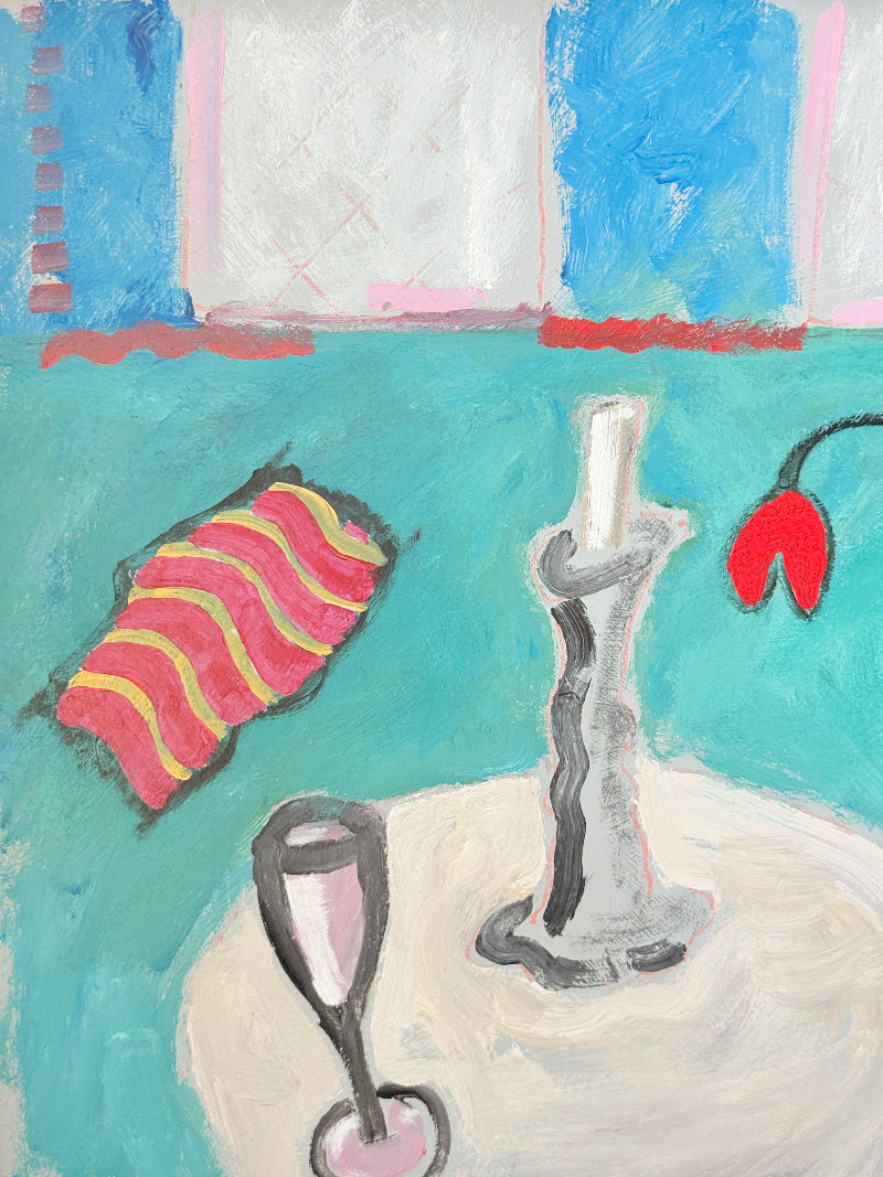 Original oil on board still life with candlestick, red tulips, turquoise background and cream frame in St Ives inspired style