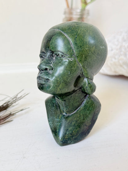 Barnabas Fombe verdite Shona bust of a woman with a head wrap, signed, from Zimbabwe