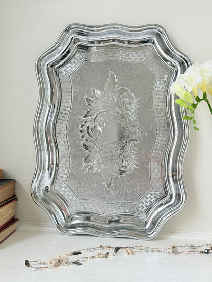 Vintage Swan Brand Cromalin chromium plated serving tray made in England with shaped edge and embossed floral detail