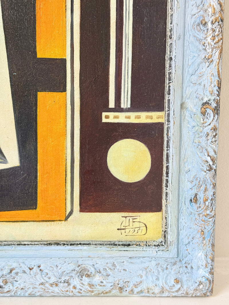Original oil on canvas laid on board still life after Fernand Léger with plaster mask, coffee pot and pale blue frame