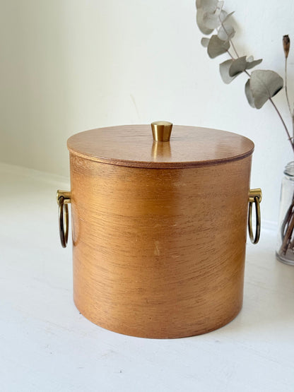 Mid century bent plywood icebox with brass handle and matching wooden tongs, styled on a white surface with dried foliage.