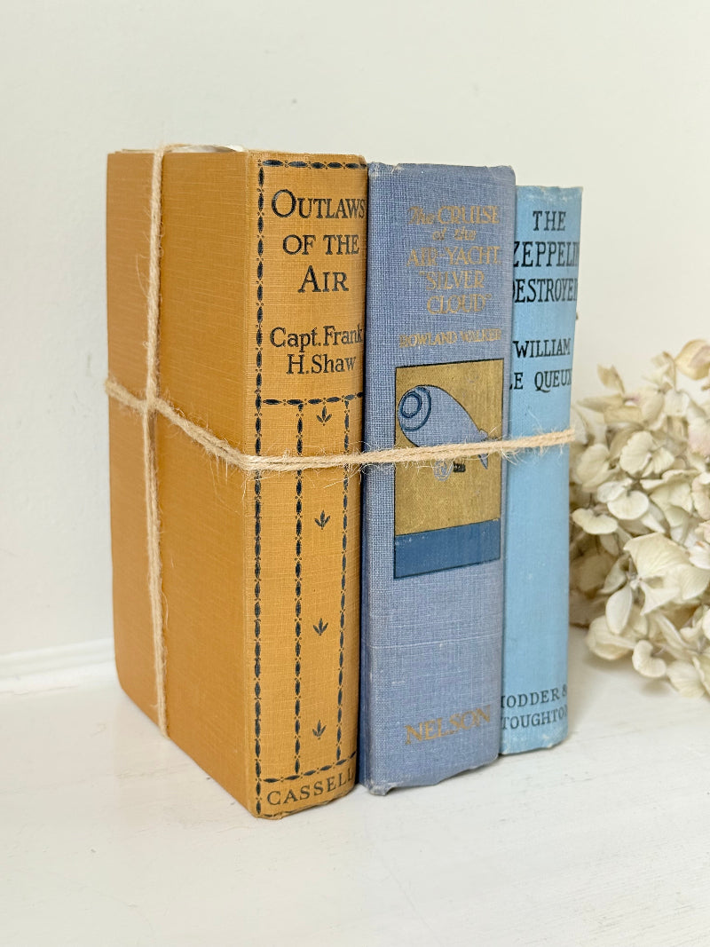 Vintage decorative book bundle in blue and ochre tied with twine, photographed on a white surface