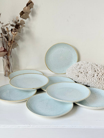 Set of 8 Churchill speckled duck egg side plates with warm rim photographed on a white surface