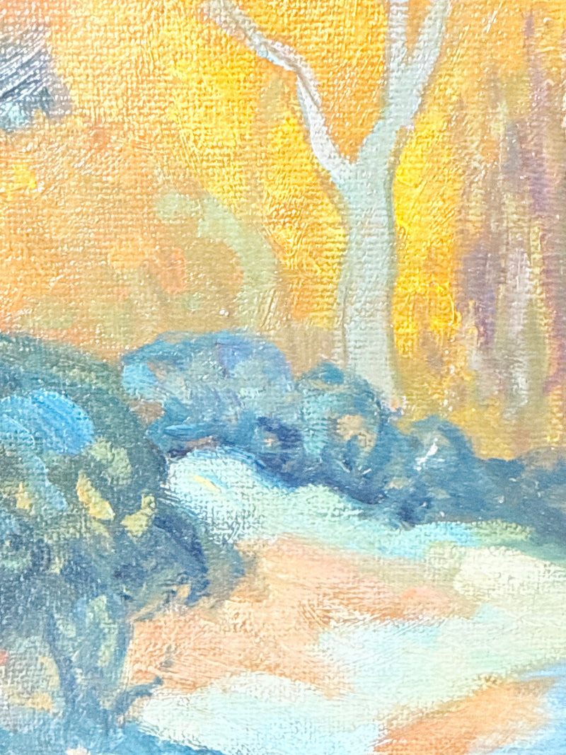 Impressionistic oil painting of a landscape with a bright yellow and orange sky, a pale tree trunk, and blue-green foliage in the foreground.