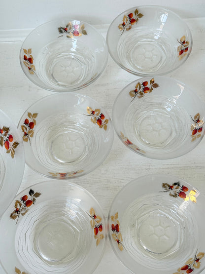 Vintage strawberry glass dessert set with serving bowl and six bowls hand decorated with berries and gold