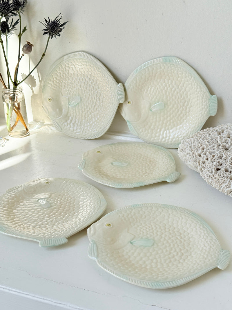 Set of five vintage Shorter and Son fish side plates in cream with pale green detail, photographed on a white surface