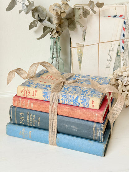 Stack of cloth bound vintage books in blue red and tan tied with jute ribbon styled with dried eucalyptus