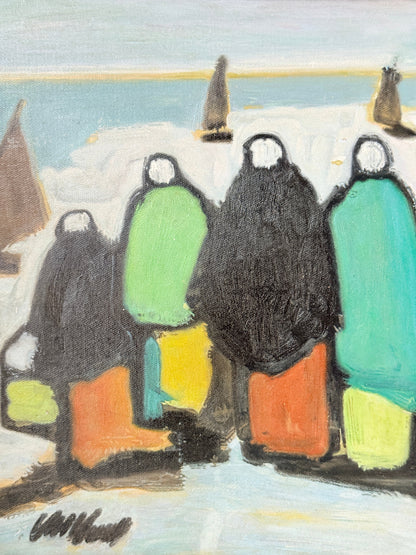 Markey Robinson style signed oil on board of shawled figures and boats in green and orange on a shore