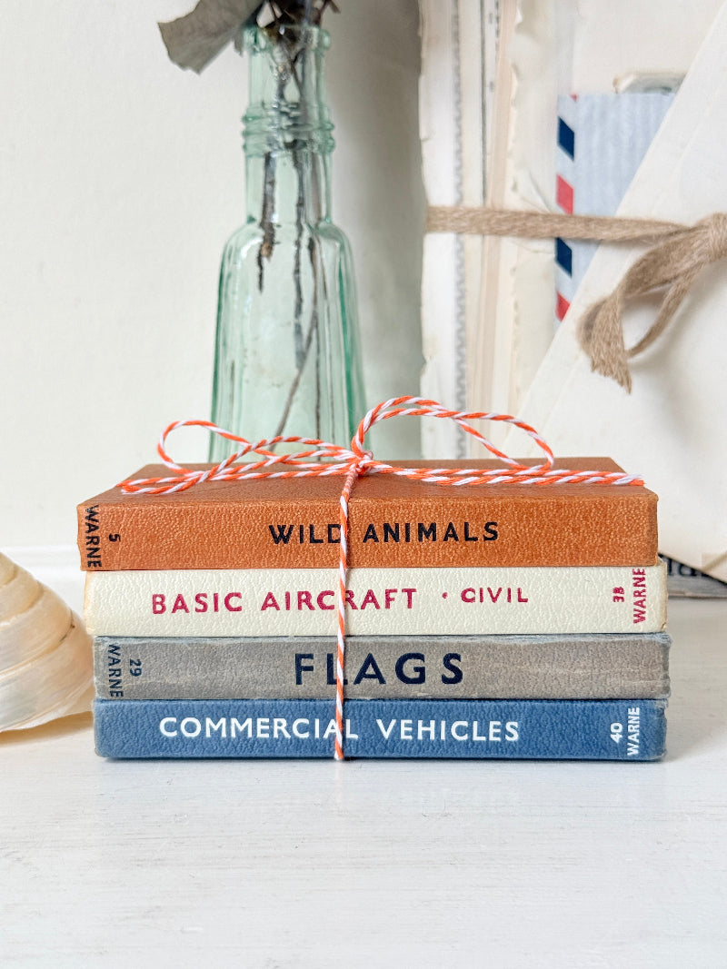 A stack of four vintage Warne aviation reference books tied with red-and-white string, placed on a white surface with a glass bottle and nautical decor in the background.