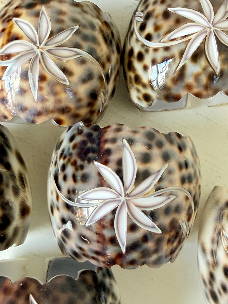 Set of eight vintage shell napkin rings with natural speckled patterning, photographed on a white surface