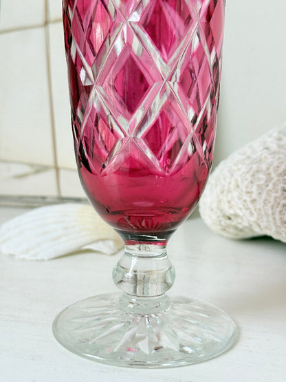 Antique cranberry cut to clear glass vase or goblet with diamond lattice pattern, clear pedestal foot and deep pink glass