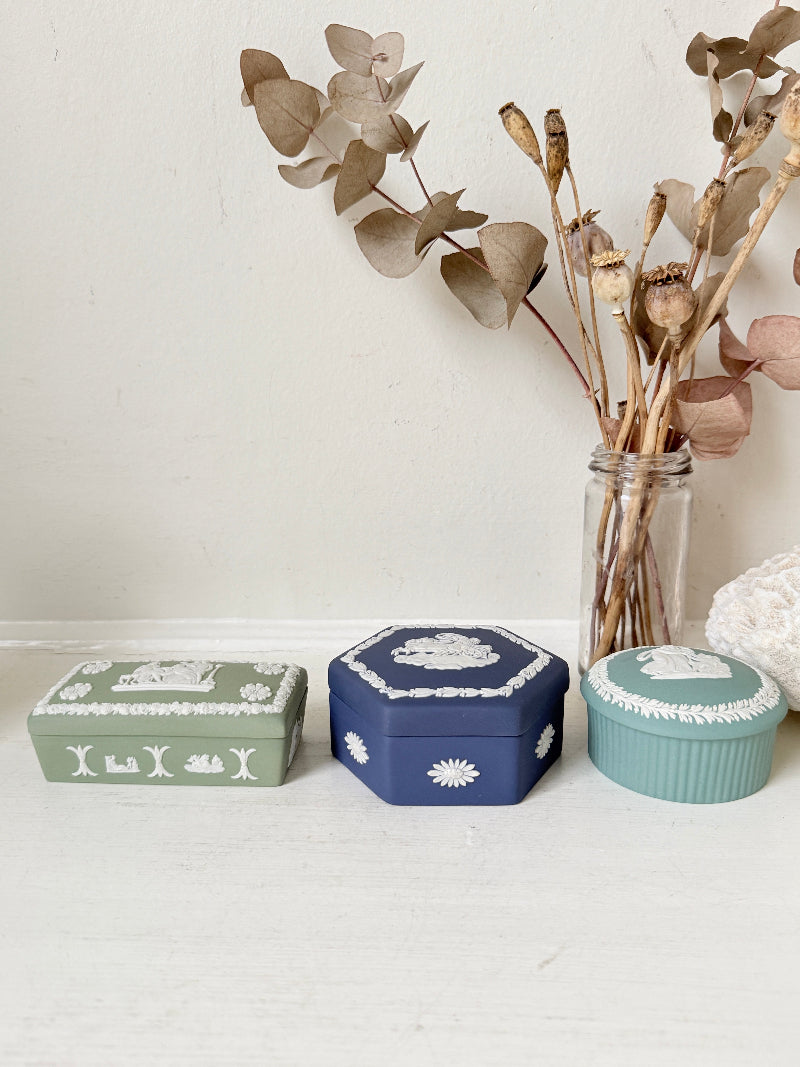 
Trio of vintage Wedgwood Jasperware lidded pots in Portland blue and sage green, featuring neoclassical white relief figures, styled with dried stems on a pale surface.