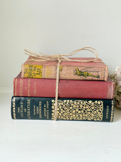 Vintage decorative book bundle in red and black with gilt detailing tied with twine, photographed on a white surface