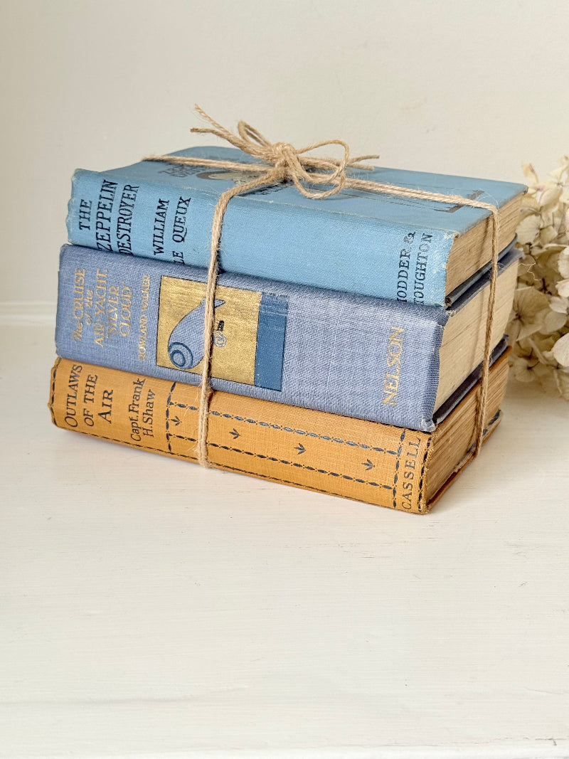 Vintage decorative book bundle in blue and ochre tied with twine, photographed on a white surface