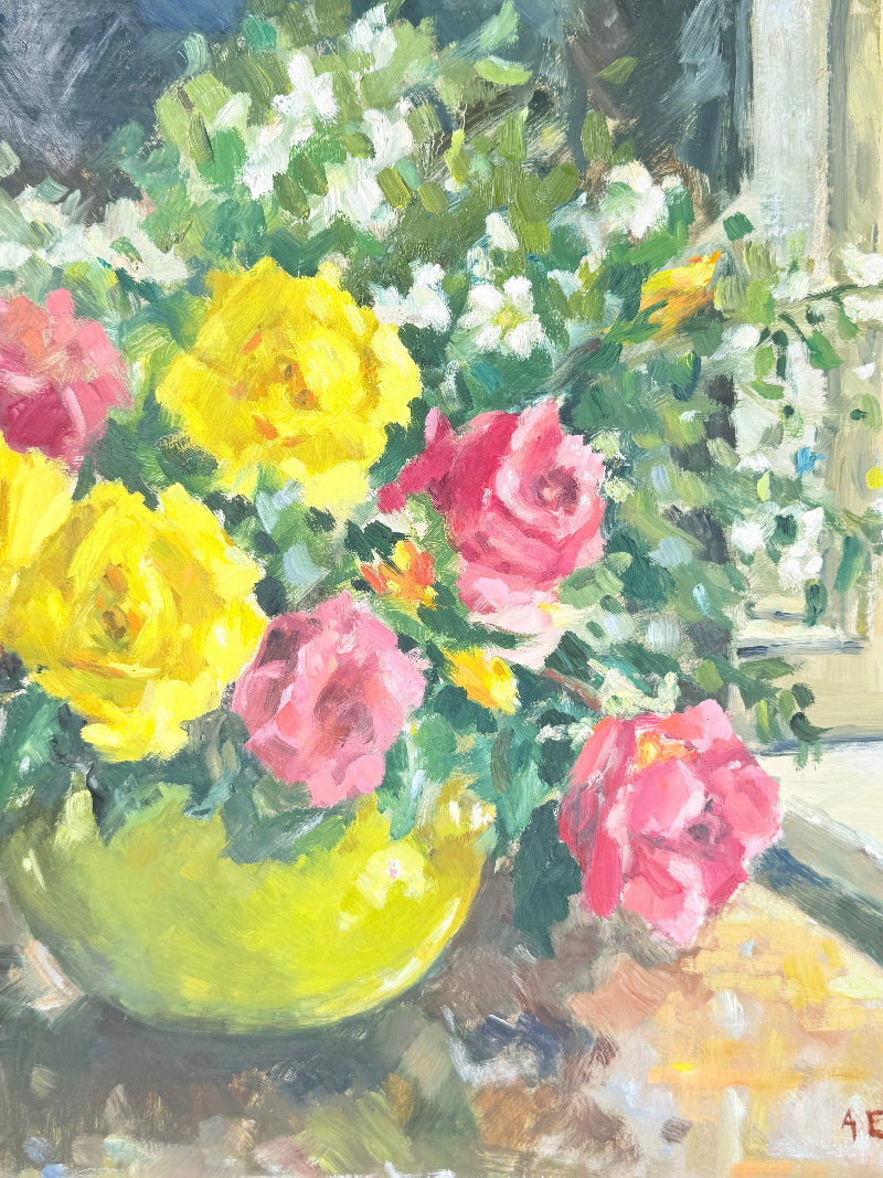Impressionistic oil painting of a vibrant flower bouquet in a yellow-green vase, featuring prominent yellow and pink roses with green foliage, set against a softly blurred window background.