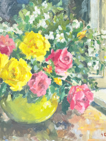 Impressionistic oil painting of a vibrant flower bouquet in a yellow-green vase, featuring prominent yellow and pink roses with green foliage, set against a softly blurred window background.