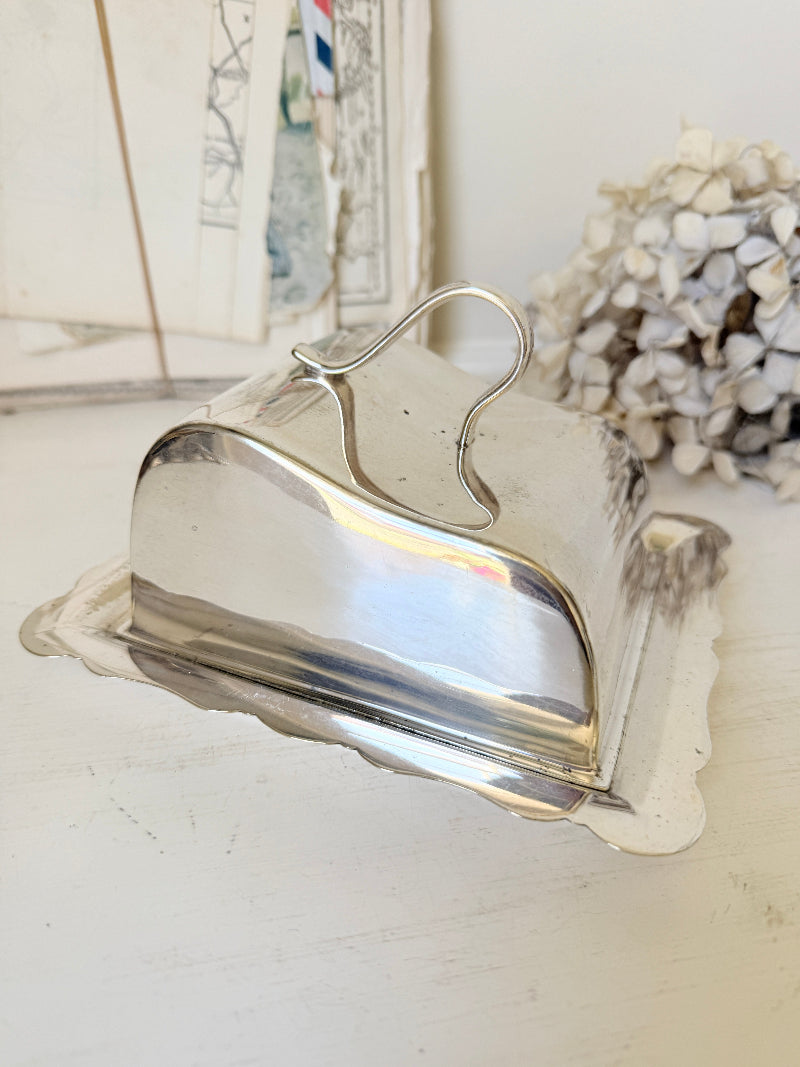 A vintage silver butter dish with a scalloped edge and a curved handle, shown on a white surface with a soft-focus background.