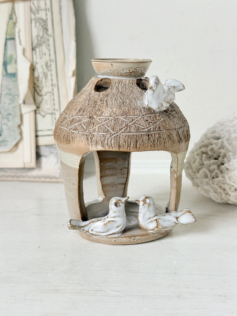 Studio pottery decorative bird house with handmade ceramic birds, textured roof and natural earthy glaze