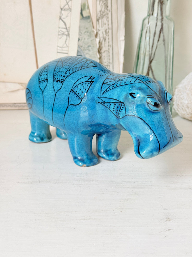 Official Metropolitan Museum William the Hippo reproduction, blue Egyptian figurine with black lotus decoration