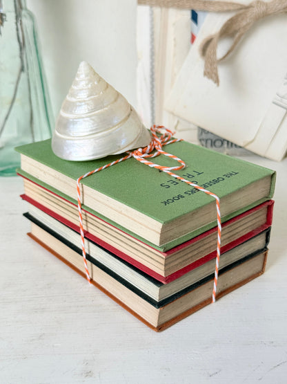A stack of vintage hardcover books tied with red-and-white string, topped with a white seashell, photographed on a light tabletop with a soft, styled background.
